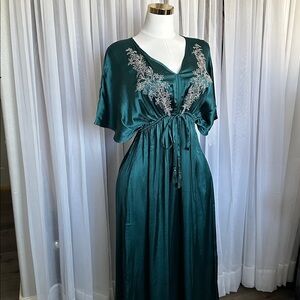 Kimono Style Sleeve Emerald Satin Embroidered V-Neck Maxi Dress